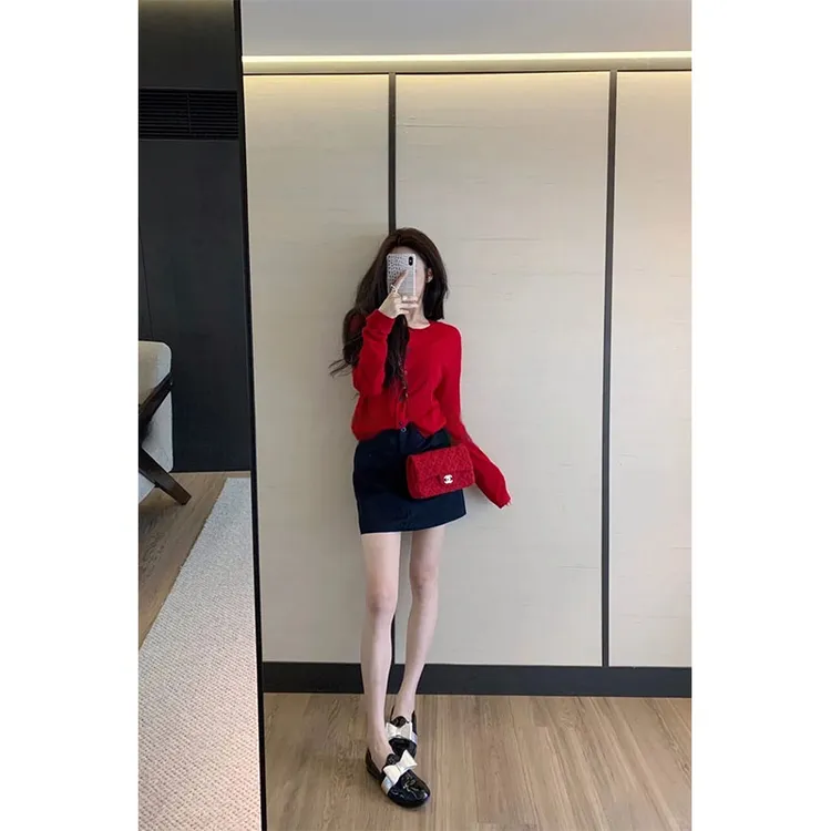秋季新款修身显瘦百搭网红穿搭薄款长袖上衣时尚气质高腰半身裙女