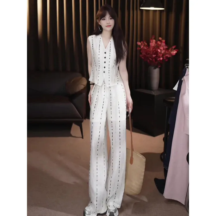 夏装穿搭一整套女装法式老钱风通勤套装显瘦气质马甲阔腿裤两件套