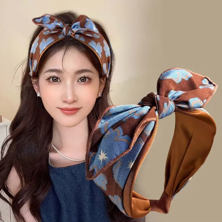 新款高级感蝴蝶结发箍女休闲百搭发饰宽边压发发夹花卉蓝咖头饰