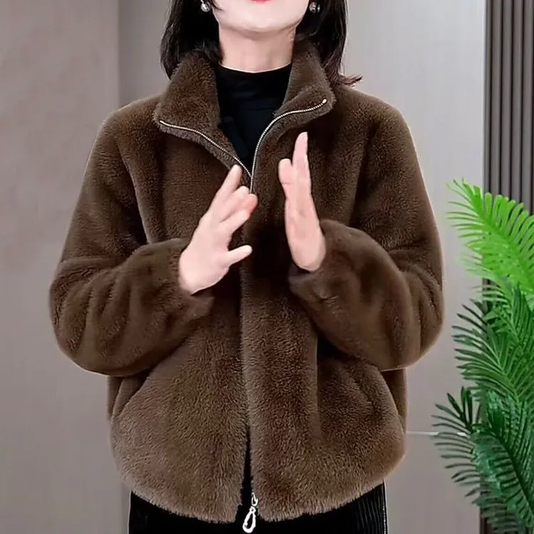 海澜之家运动端庄时尚百搭加厚保暖女装绒毛一体立领外套高档洋气
