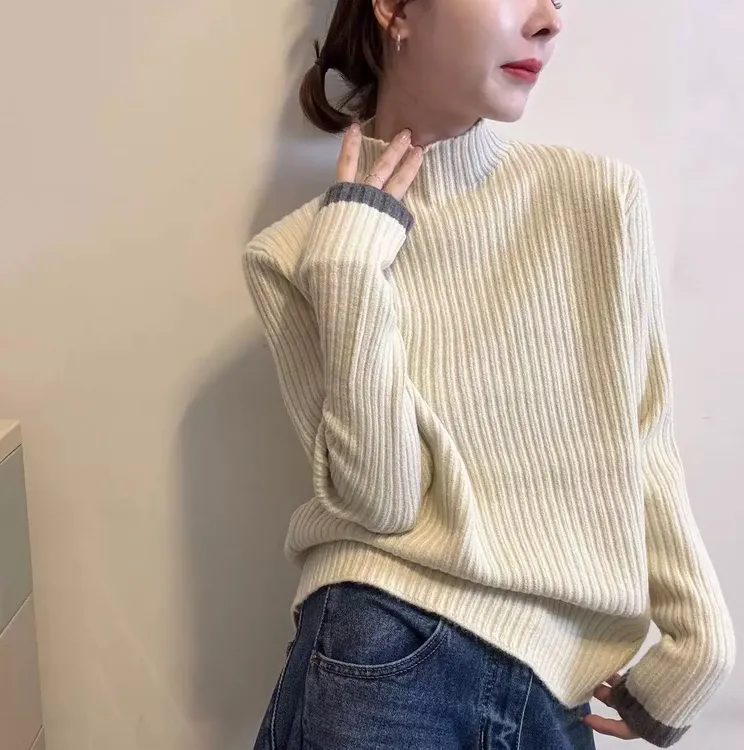 欧洲站2025冬季新款欧货简约袖口拼色边半高领坑条羊毛针织打底衫