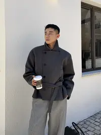 双排扣立领短款毛呢大衣高级感男款宽松灰色复古时尚宽松外套