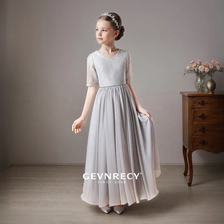 儿童礼服夏季高端轻奢灰色蕾丝生日公主裙女孩舞台表演钢琴演出服