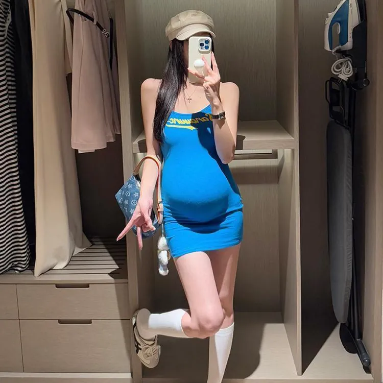 2025新款孕妇装高级感欧美字母印花吊带连衣裙辣妈包臀打底裤孕妇
