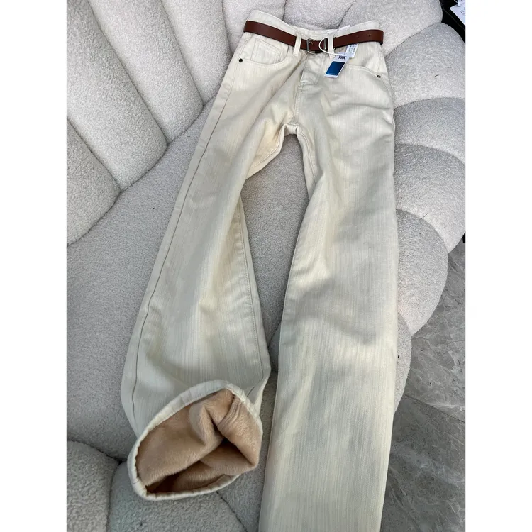 175高个子加长浅杏色加绒牛仔裤女秋冬显瘦直筒窄版阔腿拖地裤子