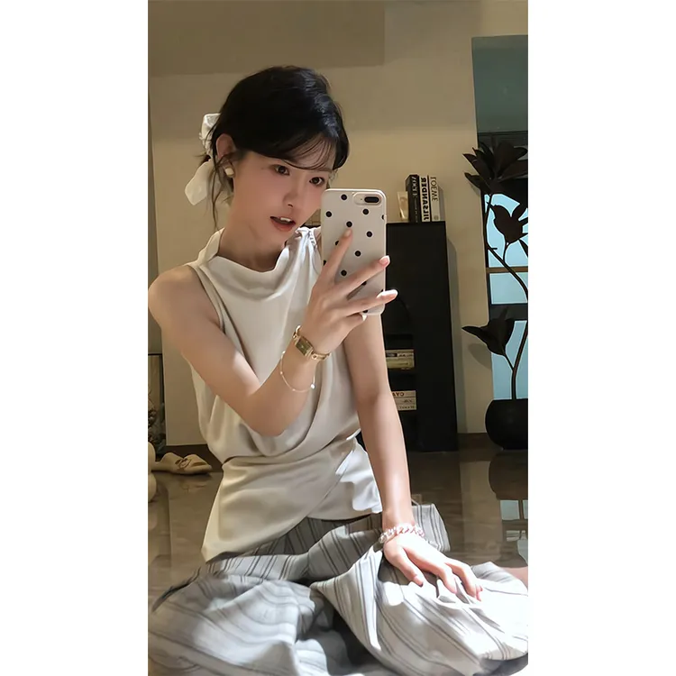2025新款女士夏季通勤感气质无袖交叉绑带收腰设计感上衣阔腿裤