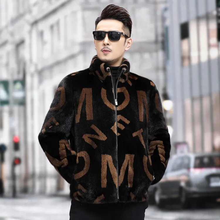 黑色字母花男装水貂夹克立领外套