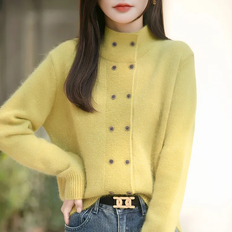 2025冬季新款老钱风立领双排扣针织开衫女秋冬宽松显瘦毛衣外套