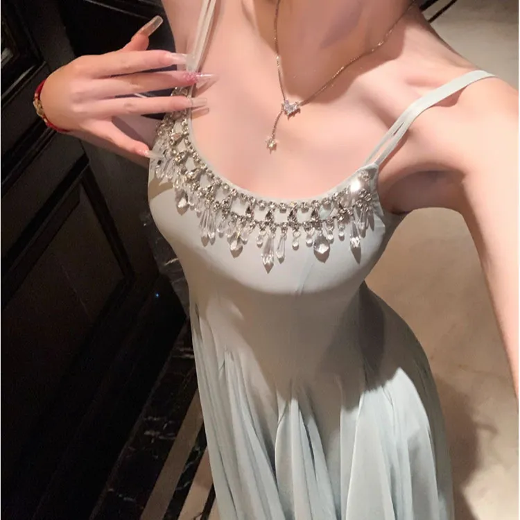 夏季大女主修身超仙儿水晶钻链网纱大摆吊带长款连衣裙子