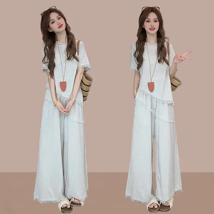 大码mm休闲显瘦套装女2026年夏季新款小个子流苏上衣阔腿裤两件套