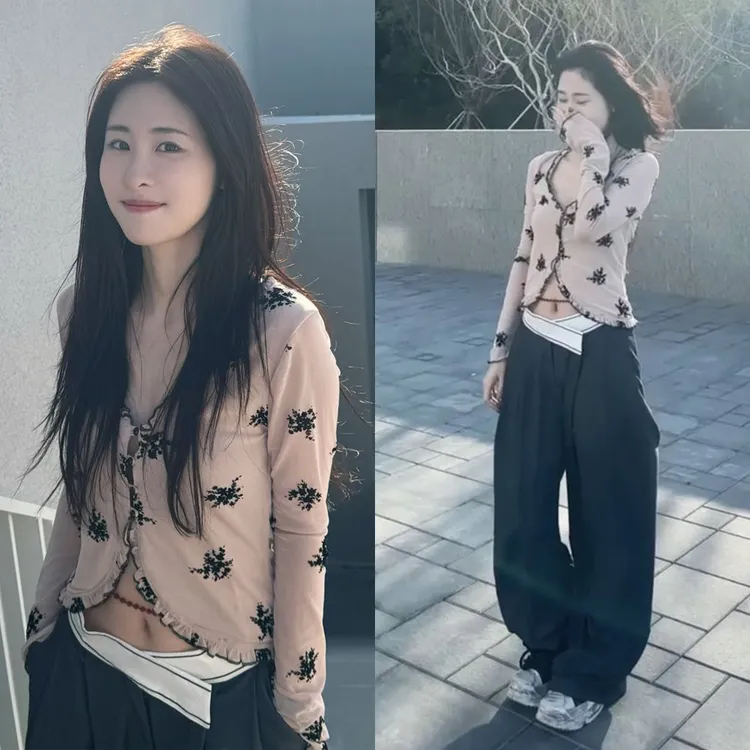 Miss Judy现货张碧晨黑色碎花V领荷叶边网纱开衫短款上衣春季新款