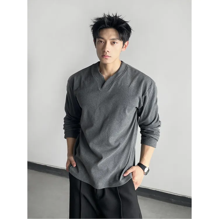MASONSOUL 德绒打底衫长袖秋冬内搭男女短宽版型v领保暖百搭长t恤