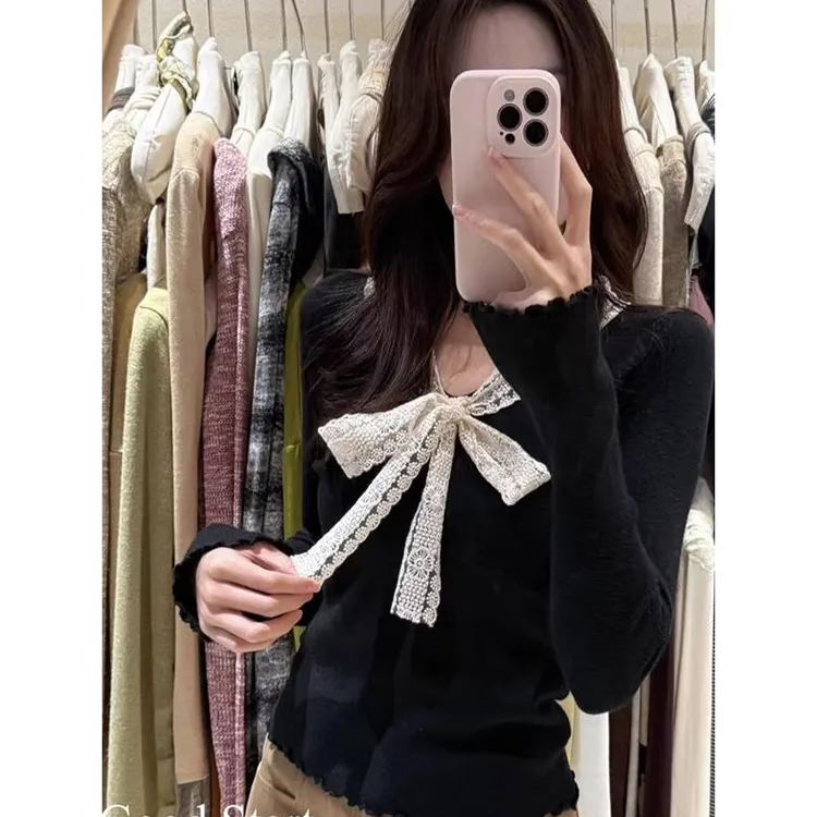 法式蕾丝蝴蝶结长袖打底针织衫女独特漂亮修身显瘦内搭上衣I2-66