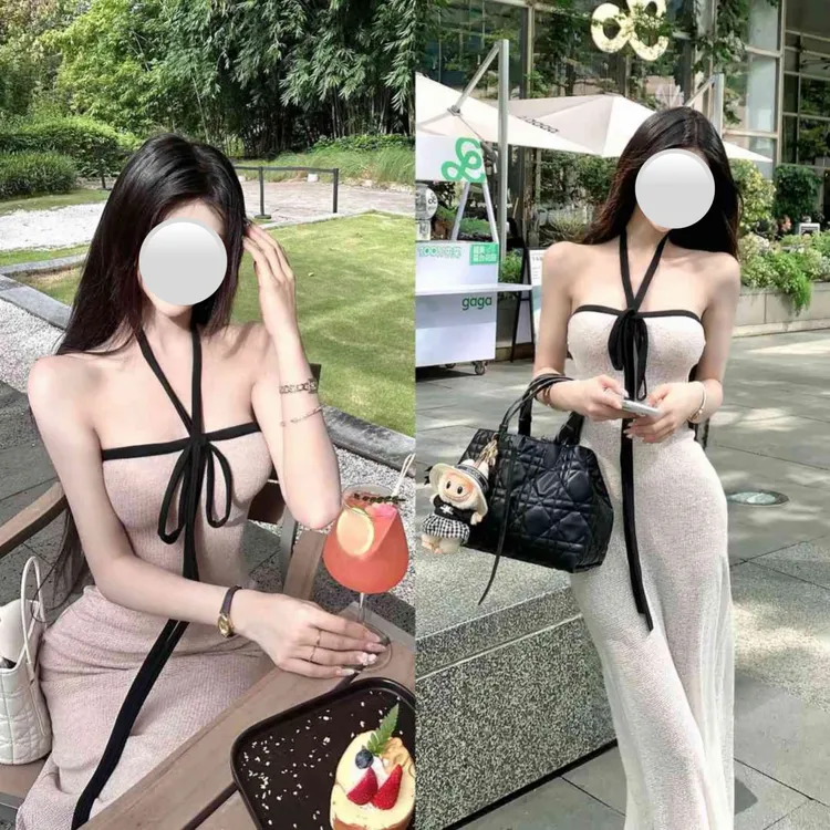 灰尘邓邓 法式白色绑带挂脖抹胸连衣裙D25Q2268