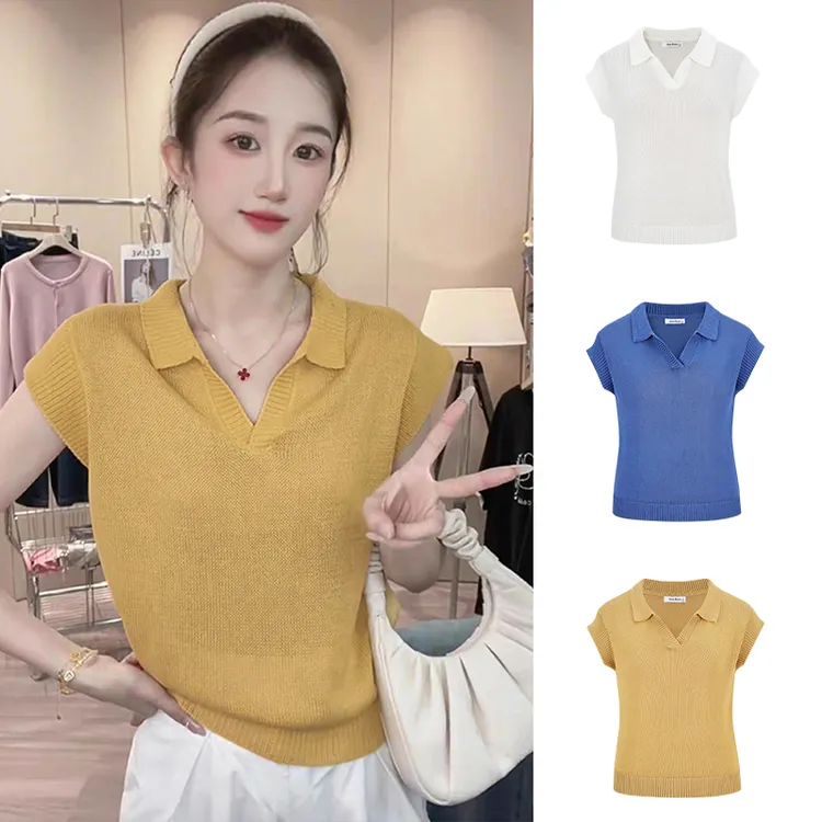 Moses Queen/魔西女王韩系微透polo领短袖女夏季显瘦小众休闲百搭