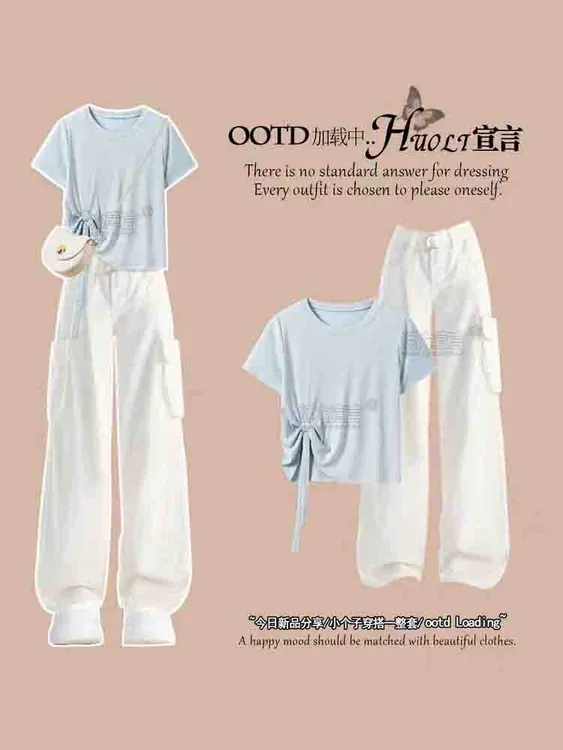 2025爆款韩系穿搭套装不规则短袖T恤阔腿工装牛仔裤时尚两件套夏