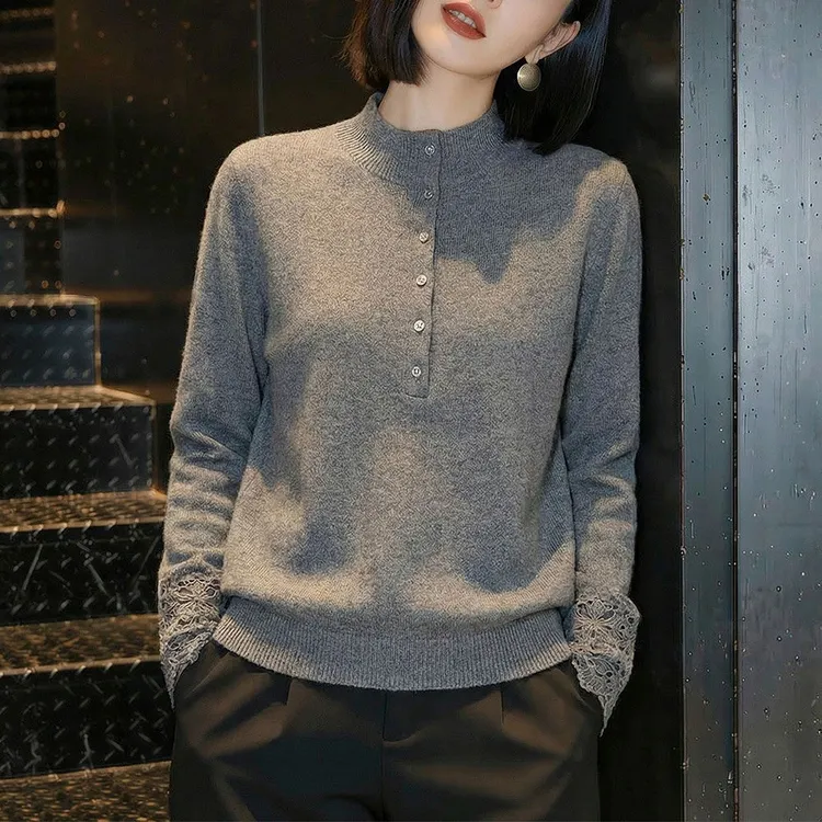 灰色半高领毛衣女秋冬新款慵懒风宽松显瘦镂空钩花打底针织衫上衣