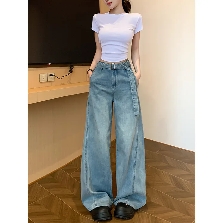 慵懒风腰带高腰阔腿牛仔裤女2025年冬季新款宽松休闲百搭弯刀裤