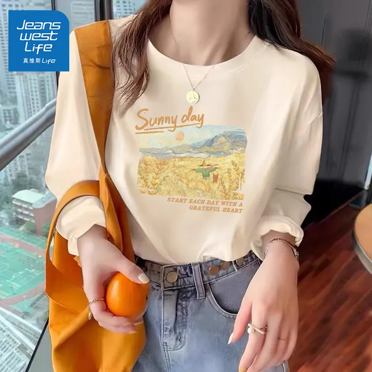 真维斯无界纯棉长袖早秋女生韩系ins洋气系禅意衣服女装早秋穿搭