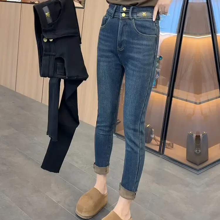 66917秋冬新款加绒加厚高腰小脚牛仔裤修身显瘦两粒扣九分铅笔裤