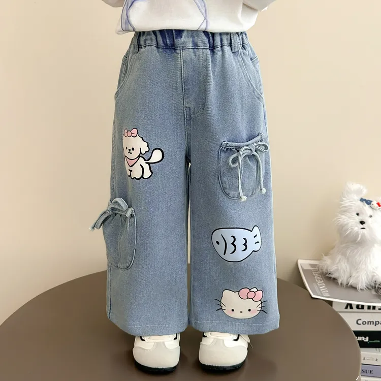 女童秋季小猫牛仔裤宝宝秋款卡通裤子2025新款儿童秋装洋气直筒裤