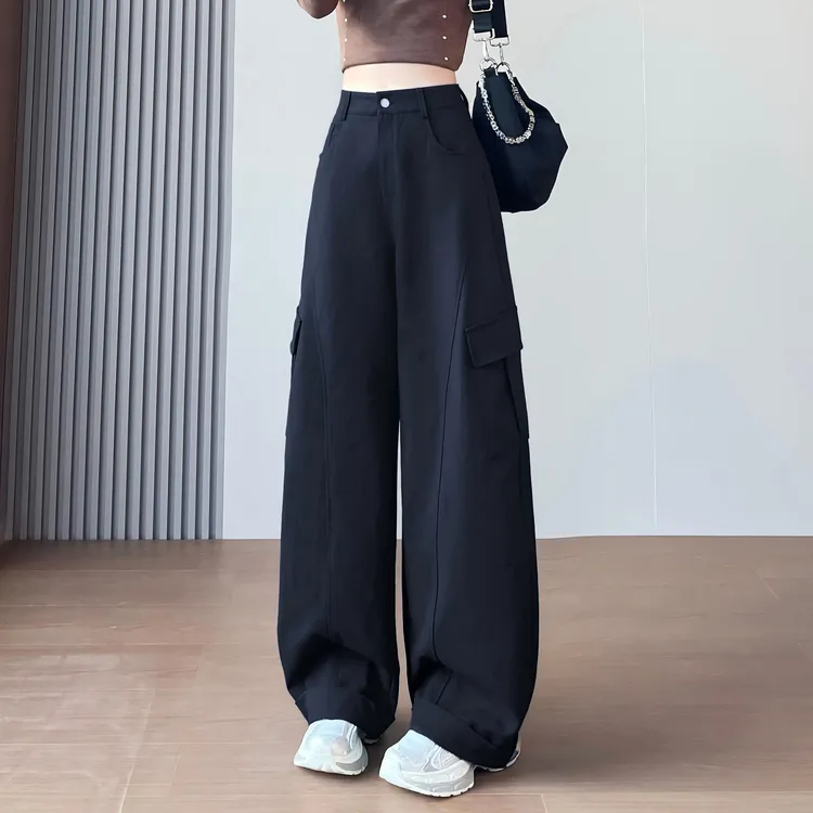 藏青色工装裤女秋季2025新款高腰宽松直筒白色裤子美式高街弯刀裤