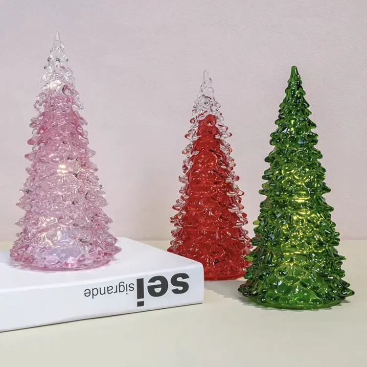 绿色粉色圣诞树装饰品氛围灯饰浪漫节日电池款玻璃摆件