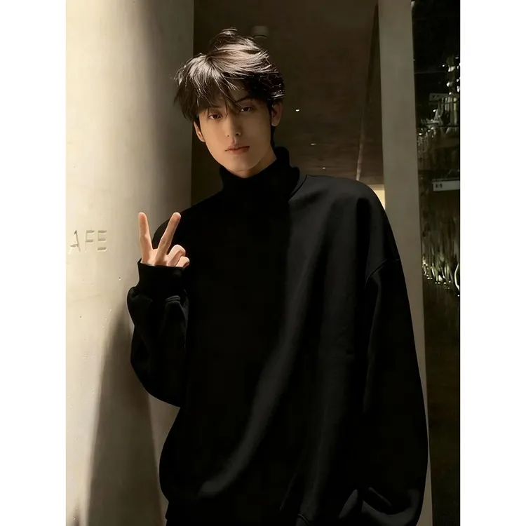 美式半高领德绒打底衫男款秋冬重磅加绒加厚卫衣内搭黑色长袖t恤