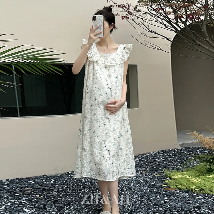 ZH&AH【初夏雨蝶】夏季新款时尚百搭孕期法式花边袖乔其纱连衣裙