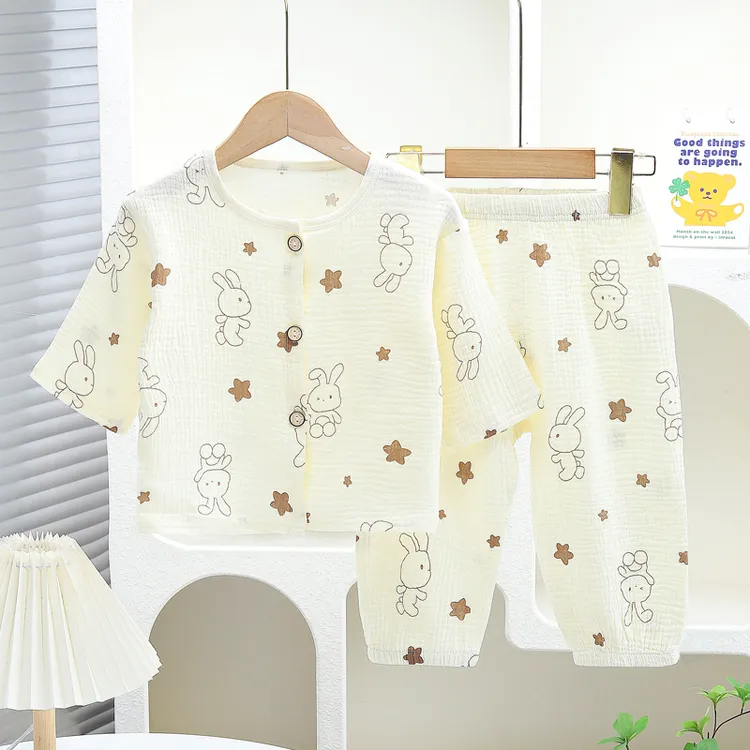 宝宝纯棉家居儿童七分袖长裤睡衣外穿套装棉纱安阳童装a类全棉