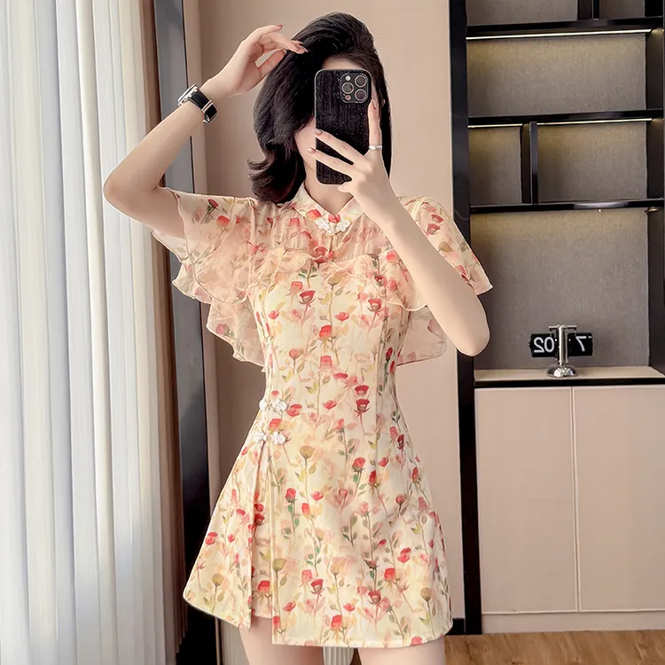 新款气质年轻新中式连衣裙套装碎花旗袍改良款日常小个子夏
