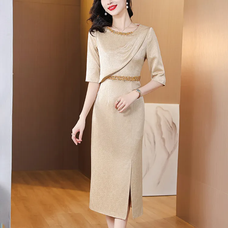 喜婆婆婚宴装晚礼服裙2025夏季新款妈妈装时尚优雅香槟色连衣裙