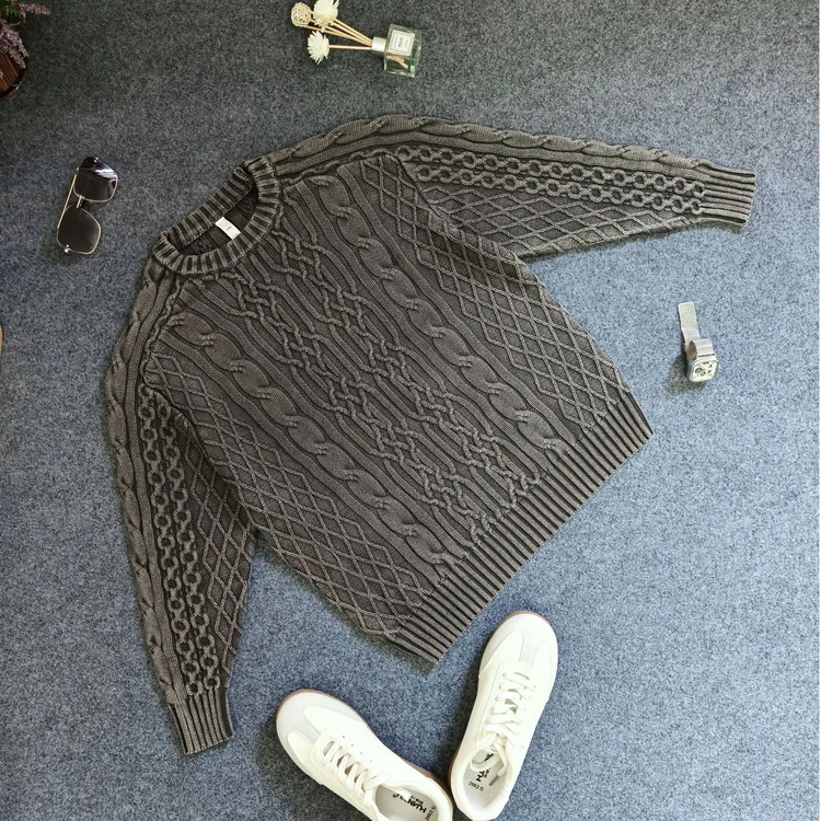 复古做旧麻花肌理男秋针织衫冬重磅纯棉渐染水磨抗起球T恤毛衣