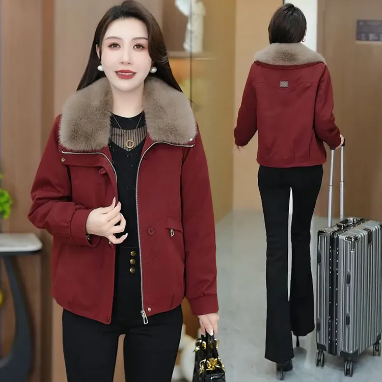 时尚休闲可拆卸毛领短款加绒外套女冬季新款洋气百搭减龄加厚上衣