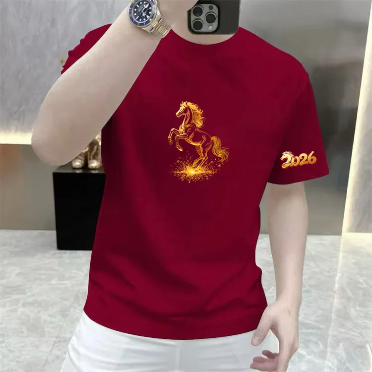 男士红色纯棉短袖T恤马年国潮时尚休闲百搭圆领印花个性半袖潮流