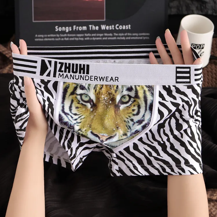 潮男个性男士内裤平角裤青年3D老虎头图案棉质低腰性感四角小裤