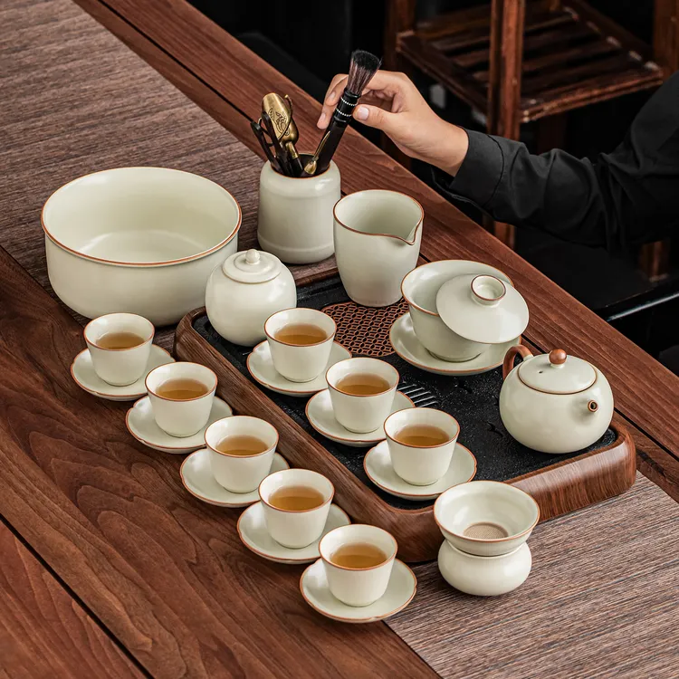 米黄汝窑茶具一整套办公室家用待客泡茶器具开片可养功夫茶具套装