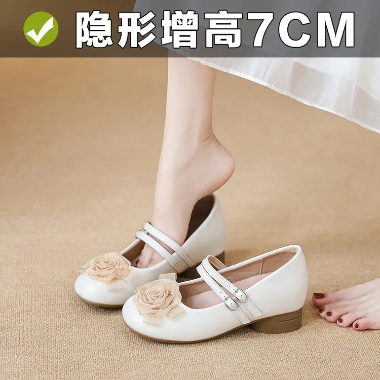 2025新款法式超软粗跟玛丽珍小个子内增高真皮一字带浅口单鞋女