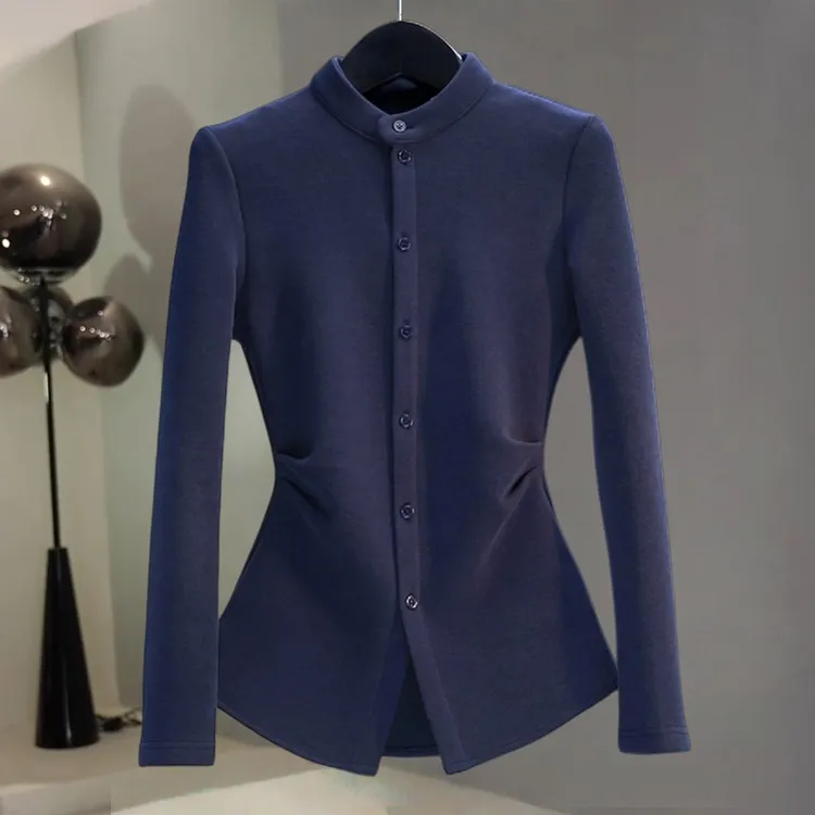 高级感穿搭气质优雅立领T恤女秋冬新款收腰捏褶正肩单排扣上衣潮