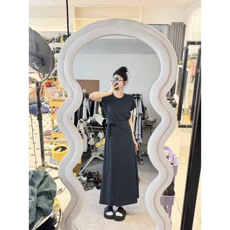 【莫利纳少女】腰部绑带围裙假两件立体字母圆领短袖连衣裙