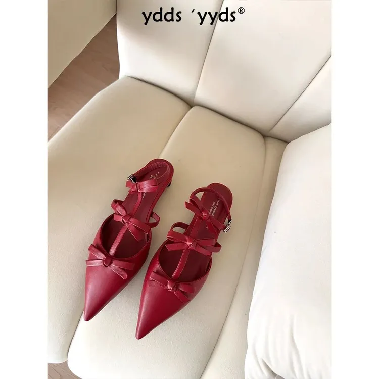 真皮/25初夏新款尖头蝴蝶结气质甜美百搭低跟软底包头凉鞋/5366