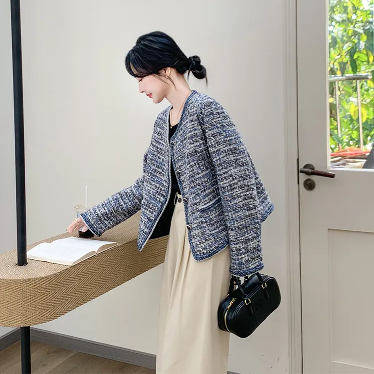 粗花呢编织小香风外套女2025春秋新款气质韩系穿搭氛围感短款开衫
