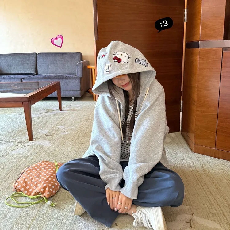 美式炸街嘻哈贴章刺绣kitty连帽卫衣女秋季薄款宽松开衫拉链外套