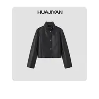 华吉言/HUAJIYAN【暮光】绵羊皮短款立领单排扣鹿纹夹克皮衣