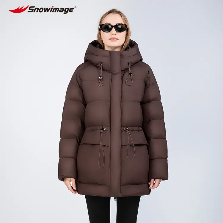 SNOW IMAGE外贸加厚冬季防风连帽短款圆领拼接可收腰中长款羽绒服