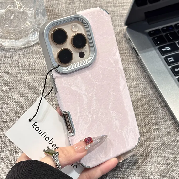 樱花粉绒布贴皮雪山纹适用苹果17Phone16手机壳i小米vivoppo华为