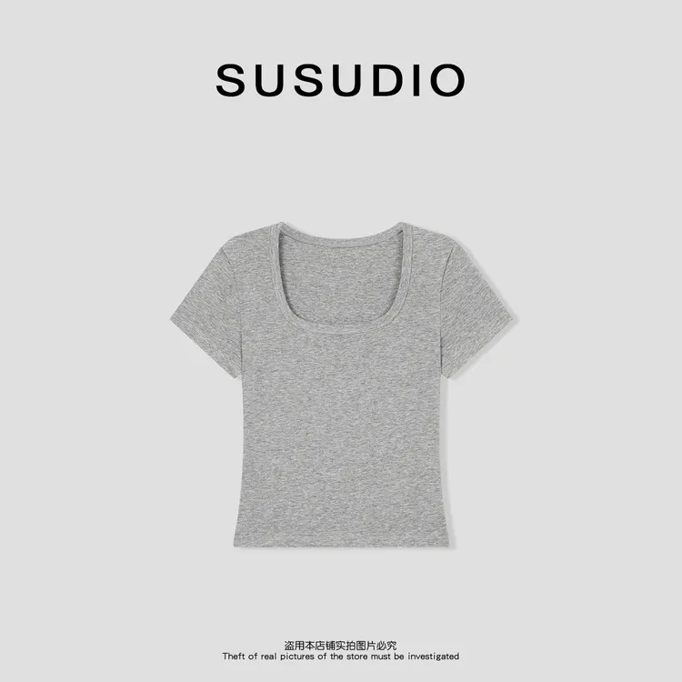  SUSUDIO  莱赛尔 正肩方领休闲显瘦高弹纯色半袖T恤上衣  10640