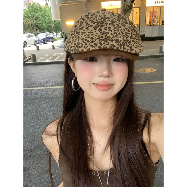 美式复古街头豹纹前进帽女夏季辣妹风显脸小贝雷帽个性大头围帽子