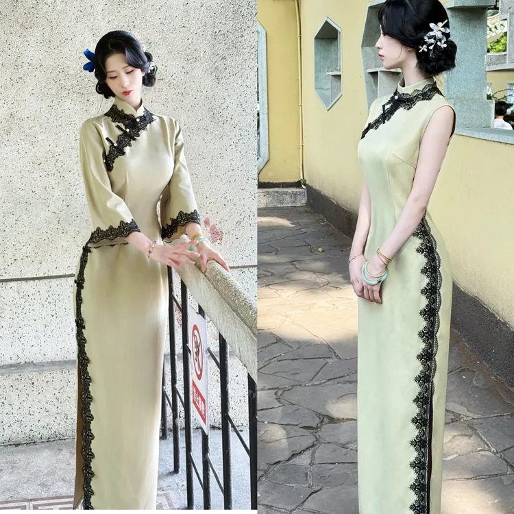 LHMknk1画报夫人原创自制新中式秋冬蕾丝花边复古旗袍 豆绿落心