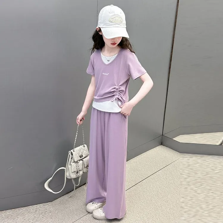 女童夏季短袖套装2025新款女孩大童假两件冰丝T恤垂感休闲两件套